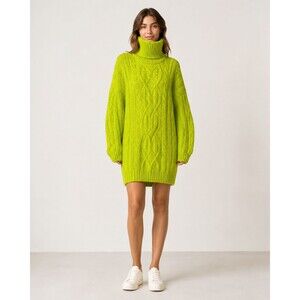 Moon River XS Neon Green Cable Knit Turtleneck Sweater Dress Chunky Long Sleeve